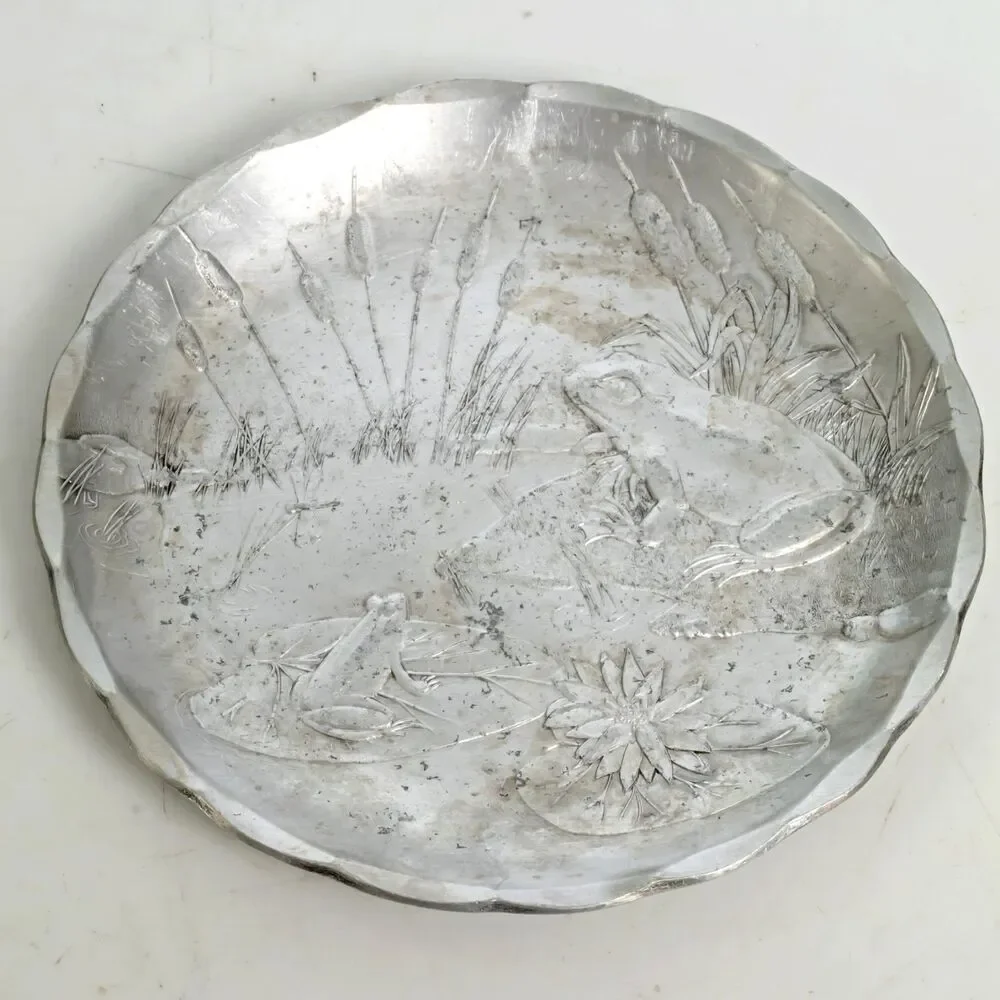 Wendell August Forge Aluminum Trinket Dish Frog Lily Pond Metal Plate 4.5